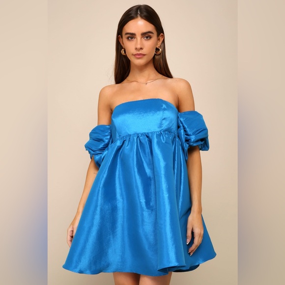 Lulus Sweet Vision Blue Taffeta Off The Shoulder Babydoll Mini Dress Size Medium - Picture 2 of 14